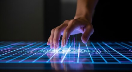 A hand interacts with a futuristic touchscreen display, revealing dynamic data visualizations.