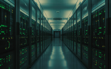 Immersive server room corridor with glowing green data racks creates a dynamic, high-tech atmosphere for modern business.
