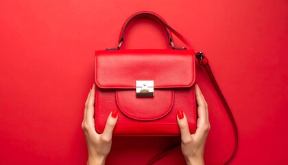 A vibrant red handbag is held aloft against a bold red background.