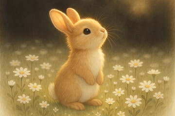 Obraz premium Adorable light brown bunny rabbit standing on hind legs amidst delicate flowers