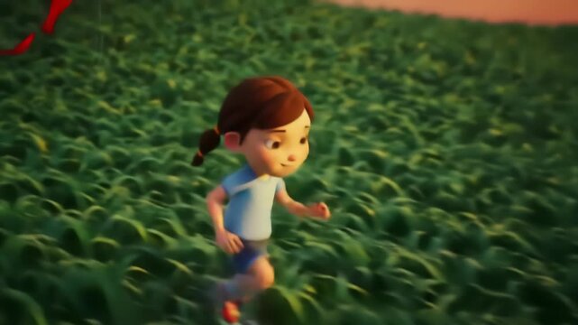 Animated young girl with pigtails happily runs in a green field at sunset, kite string visible, illuminated by golden light, in a cartoon style.