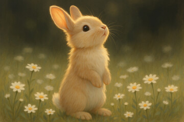 Fototapeta premium Adorable light brown bunny rabbit standing tall amongst delicate spring flowers in a sunlit meadow