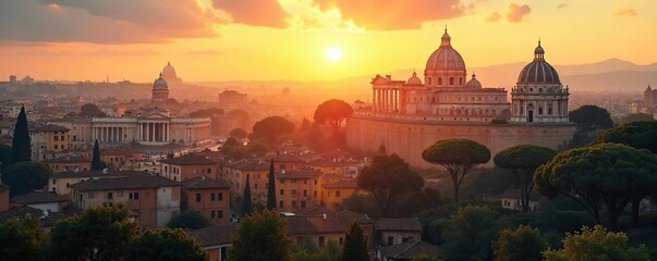 Serene cityscape view of Rome at dawn, sunlight illuminating ancient ruins, fostering a sense of calm and historical contemplation  Perfect for meditation, travel, and spiritual themes ,  city,  yoga