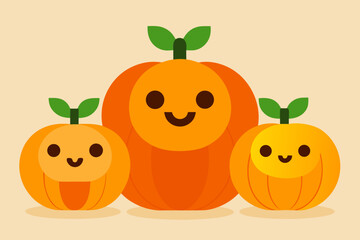 Three cute smiling pumpkins with green stems and leaves