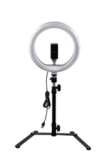 A tabletop LED ring light with a stand