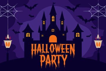 Spooky halloween castle party invitation with bats and cobwebs