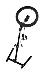 A portable ring light with a tripod