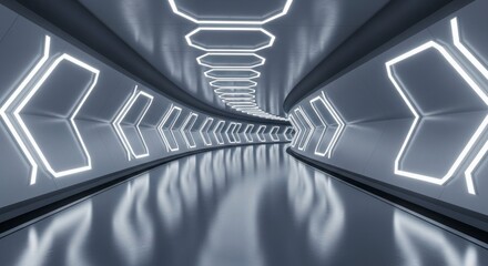 A futuristic, polished tunnel with glowing hexagonal arrow shapes, reflecting off the smooth floor.