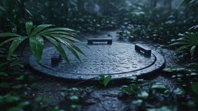 Metal hatch with water drops surrounded by green foliage in tropical rainforest environment, nature, rain, plants, wet, jungle, environment.