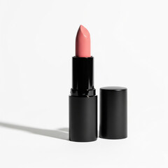 Obraz premium lipstick isolated on white background. Nude pink lipstick in a black tube lying horizontally on a white background.