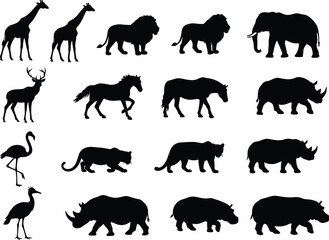 Set of various wild animal silhouettes including giraffes, lions, elephants, rhinos, and more, for wildlife and nature themes.