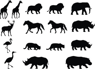 Set of various wild animal silhouettes including giraffes, lions, elephants, rhinos, and more, for wildlife and nature themes.