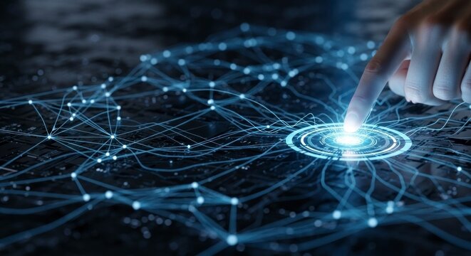 A finger touches a luminous network interface, highlighting a central node in a complex digital circuit.