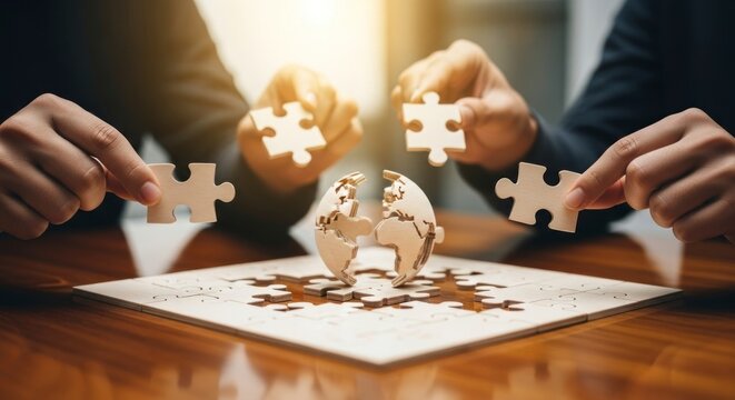 Collaborative effort assembling a world puzzle; focused hands carefully place pieces onto a wooden puzzle depicting a fractured globe.