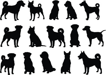 Set of black and white dog silhouettes in various poses including standing, sitting, and lying down vector illustration.