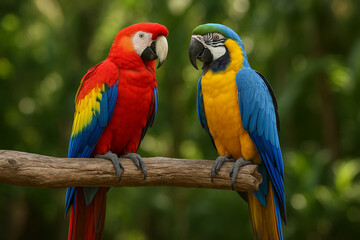 Vibrant duo two colorful macaws perched together on a tree branch in lush green foliage