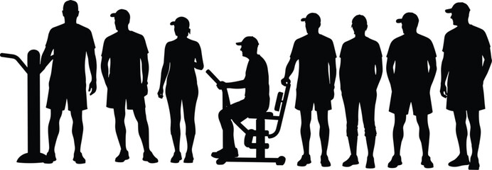 Silhouette people workout, fitness, and gym exercise equipment vector illustration set for athletic lifestyle and healthy training.