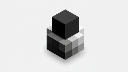 A grayscale, geometric composition features stacked cubes in various shades of gray, culminating in a solid black cube, set against a plain white backdrop.