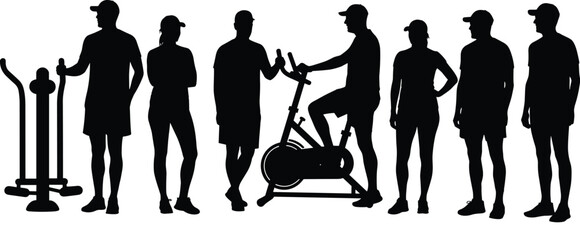Silhouette people workout, fitness, and gym exercise equipment vector illustration set for athletic lifestyle and healthy training.