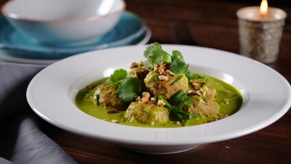 Delicious green curry dish restaurant kitchen food photography cozy ambiance close-up shot flavorful experience