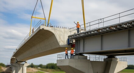 Fototapeta premium Side angle perspective showing the alignment process of a newly lifted viaduct segment as it fits perfectly onto the rail bridge structure.