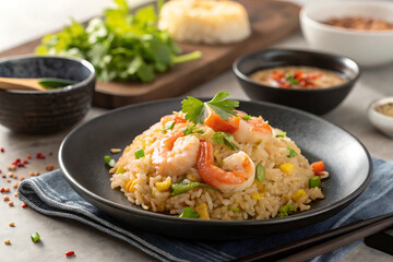 A gourmet plate of delicious fried rice with fresh shrimp, chicken, and green vegetables