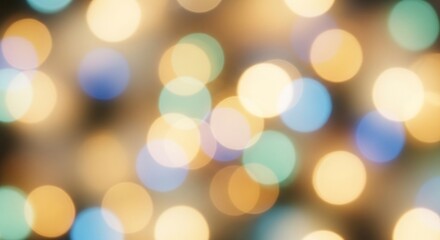 Fototapeta premium A bokeh background displays a multitude of soft, circular light spots in warm golds, vibrant blues, and cool teals, creating a dreamy and festive atmosphere.