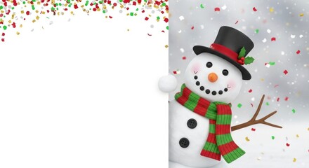 Cheerful snowman peeks out from behind a white border, surrounded by festive confetti and snowfall, radiating a joyful winter holiday spirit.