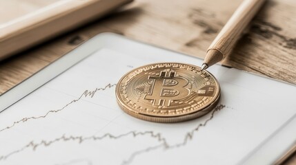 Digital coin rests over chart. Device displays data for online currency exchange. Light pencil on surface. Concept demonstrates cryptocurrency trading.