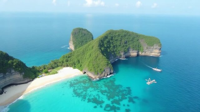 FPV flight over stunning Kelingking Beach on Nusa Penida Island, Bali, Indonesia