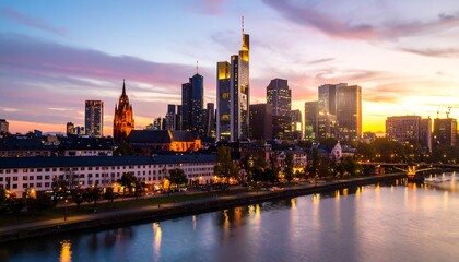 Obraz premium A panoramic view of a city skyline at sunset over a river. Colorful sky reflects in the water