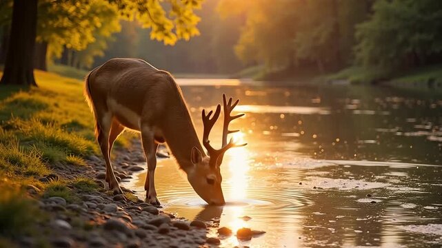 Majestic deer gracefully drinks from a tranquil river at sunset, bathed in golden light.