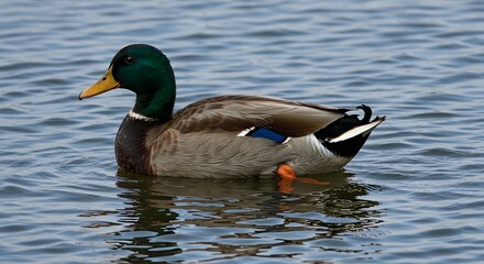 Obraz premium Elegant mallard duck gracefully swimming in tranquil shimmering water with subtle waves and