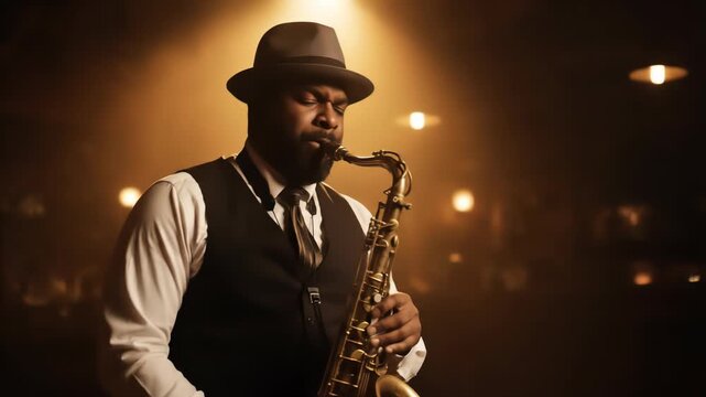 A black man in a gray hat, white shirt, and black vest plays a saxophone under warm lighting. The scene evokes a vintage mood with bokeh and dark backgrounds.