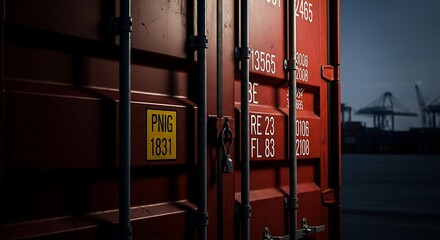 Red freight container locked and secured for global shipping at an industrial port terminal