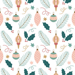 Seamless Christmas pattern with ornaments and holly