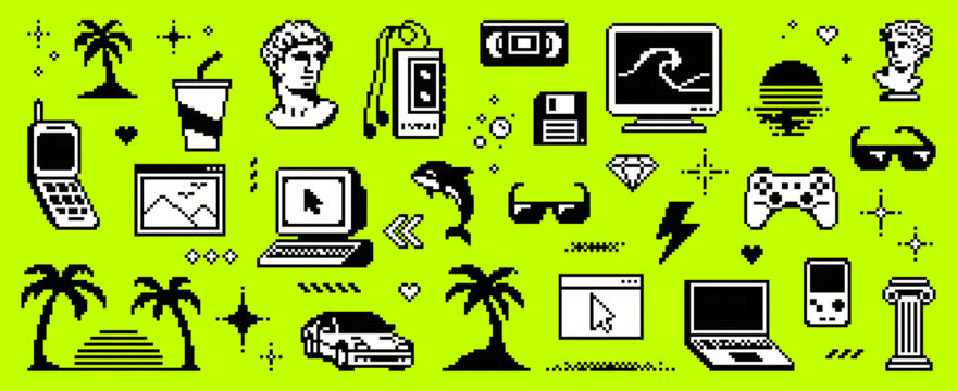 Retro pixel art design elements on lime background. 8 bit grid patterns for vaporwave animation. Old electronic device icons, gaming objects.