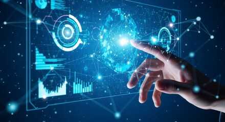 A hand interacts with a futuristic interface displaying complex data visualizations and network connections.