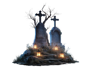 Spooky Graveyard Scene with Tombstones Halloween isolated on transparent White background png