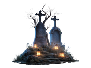 Spooky Graveyard Scene with Tombstones Halloween isolated on transparent White background png