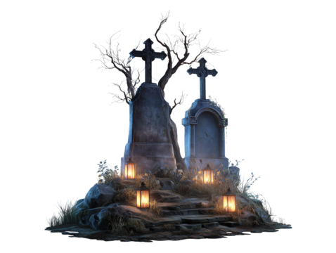Spooky Graveyard Scene with Tombstones Halloween isolated on transparent White background png