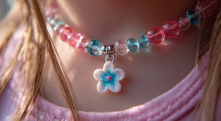 Close up of neck with pink and blue beaded choker featuring small flower pendant