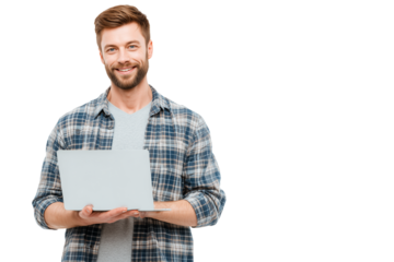 Smiling Man with Laptop isolated on transparent White background png
