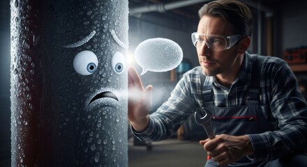 A man plumber inspecting a distressed, frozen pipe with a wrench, showing pipe issues for repair or maintenance concept.