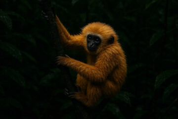 Obraz premium Golden furred juvenile gibbon clinging to branch in dramatic natural light