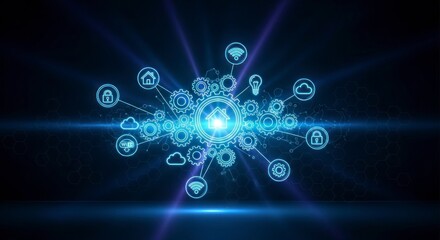 A complex network of interconnected gears and symbols illustrates a modern, technological concept, highlighting the interplay of components in a system, using a futuristic, digitally rendered...