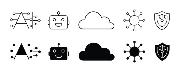 Fototapeta premium AI, Chatbot, Cloud, Data and Cybersecurity Icon Set – Technology Symbols on White Background