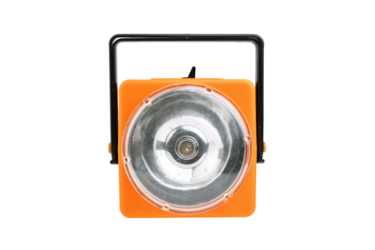 Portable orange work lantern designed for outdoor and emergency use isolated on white background.