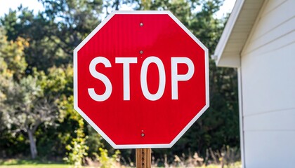 Obraz premium Red octagon stop sign in front of trees and a house