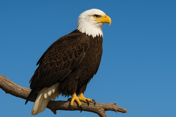 Obraz premium Majestic bald eagle perched on a weathered branch against a clear blue sky